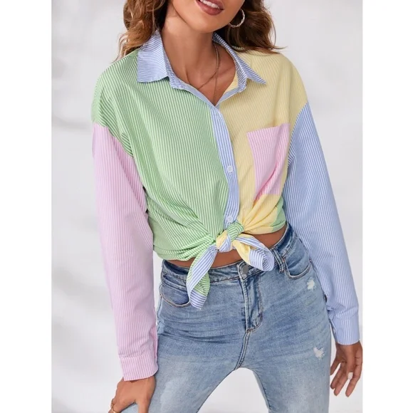 Multicolor Striped Casual Oversized Button Down Shirt (Blue, Green, Yellow, Pink - Picture 2 of 8